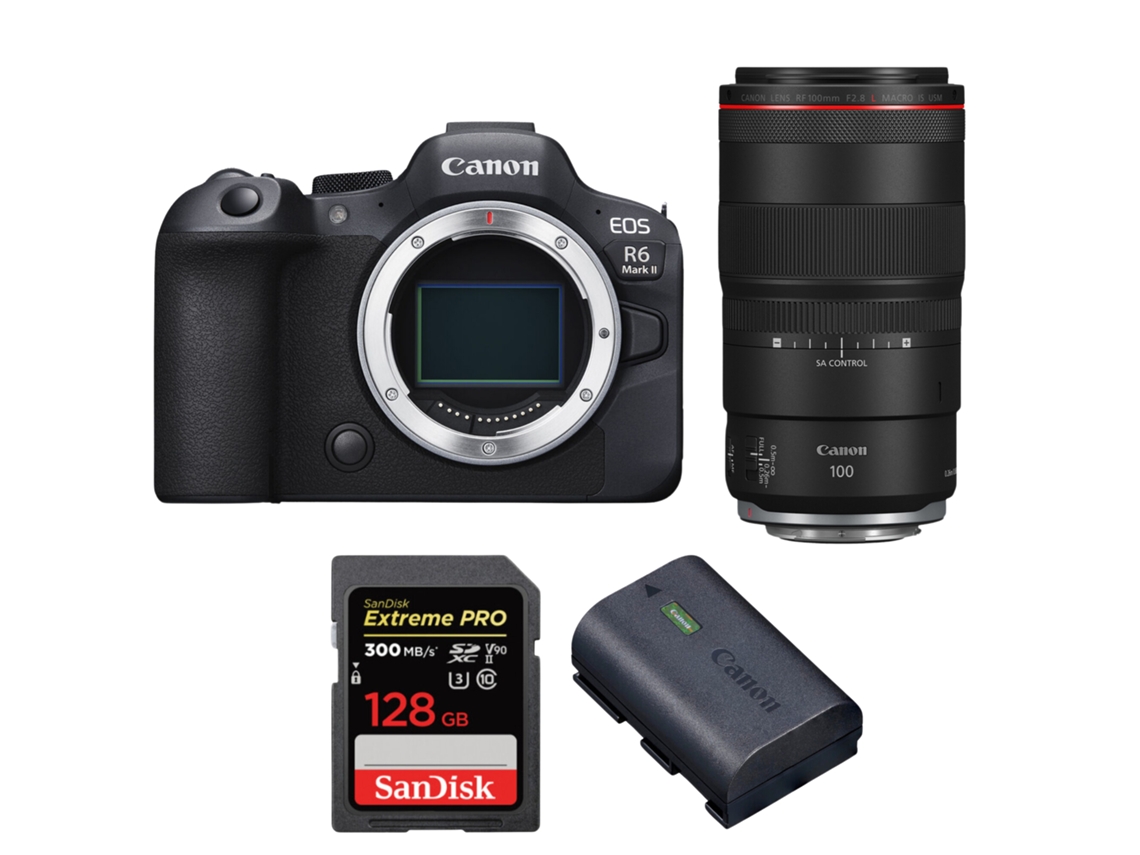 Eos R6 Mark Ii + Rf 100mm F/2.8 L Macro Is Usm + 1 Sandisk 128gb Uhs ii 300mb/s + 1 Canon Lp e6nh + Ebook “20 Dicas para Fotos Que Impressionam” CANON