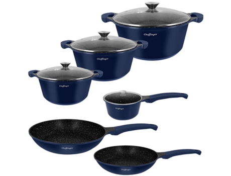 CHEFFINGER Conjunto de Cozinha 10 Peças 3 Caçarolas/2 Frigideiras/1 Panela com Alça Soft-Touch Azul Escuro