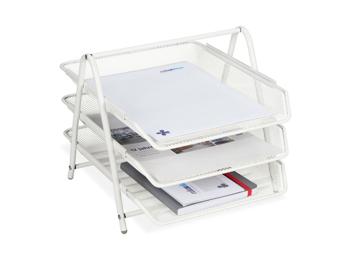 Organizador De Mesa Branco Em Metal Aramado Com Três Compartimentos