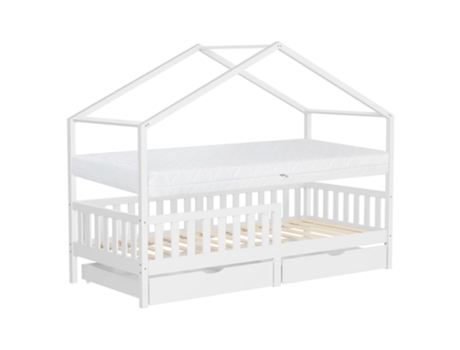 Cama infantil Ml Design White Wooden House 90x200 cm com 2 gavetas e colchão de 16 cm