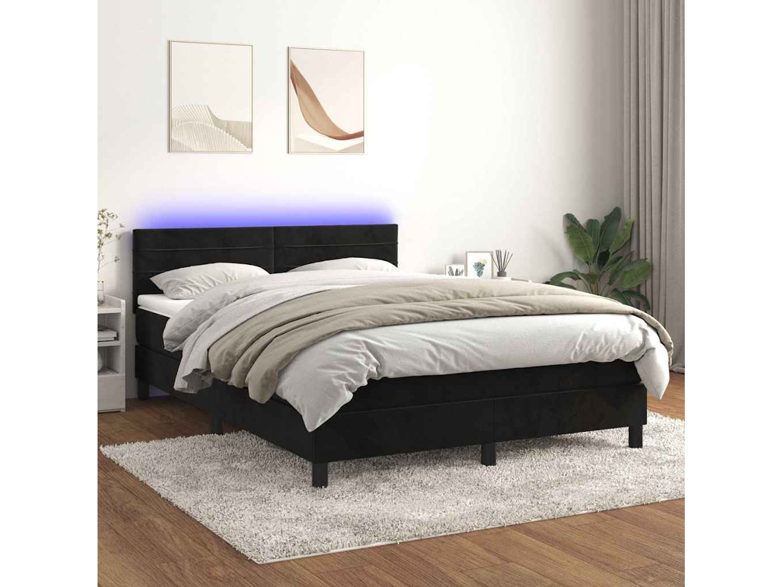 Vidaxl Cama Box Spring C/ Colchão/led 140x190 Cm Veludo Preto