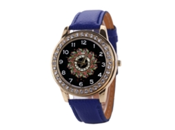Relógio de Pulso Feminino de Moda com Pulseira de Couro Pu e Strass em Dial Redondo Grande