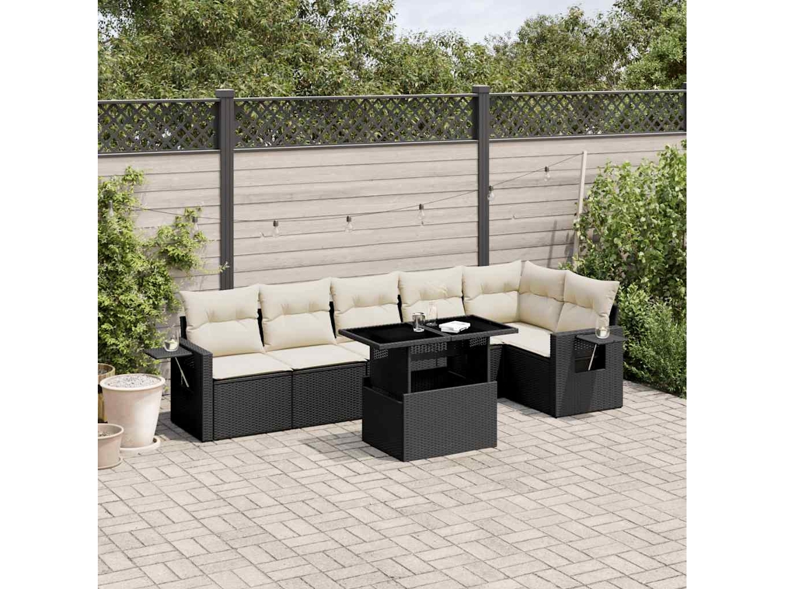 Vidaxl 7 Pcs Conjunto De Sofás P/ Jardim C/ Almofadões Vime Pe Preto