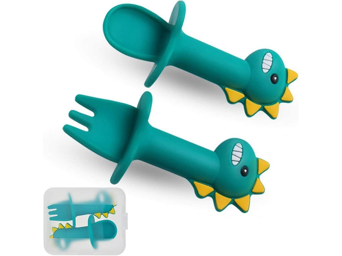 Conjunto de colher e garfo de silicone NOVA LINE para aprendizagem de alimentação de bebê, verde