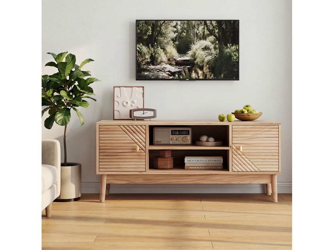 Móvel para TV Madeira e Preto 180x38x50 cm, 2 Gavetas, 2 Portas, Abertura por Pressão, Pés Metal Preto KOMHTOM