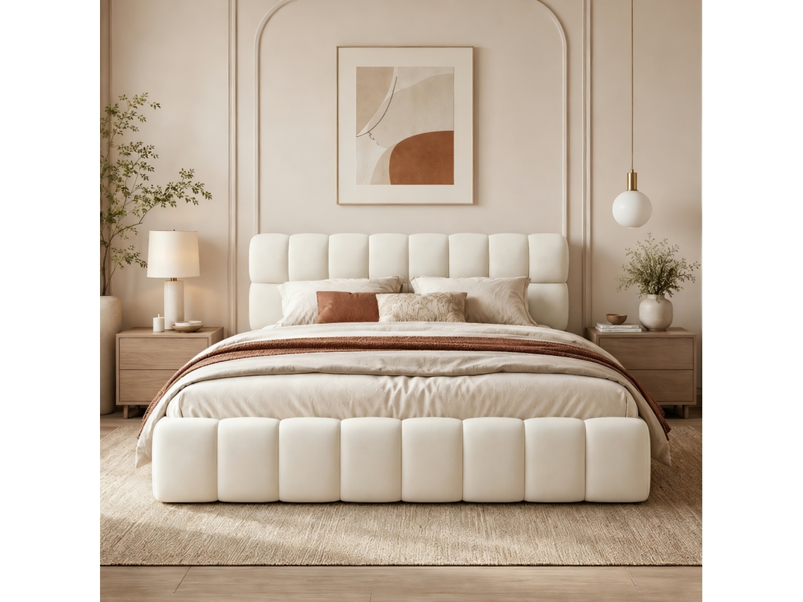 Cama Bubble 140x200 Cm, Cama Acolchoada Com Base De Ripas E Borda Anti Deslocamento Para Colchão, Cama De Casal Acolchoada, Linho, Bege.