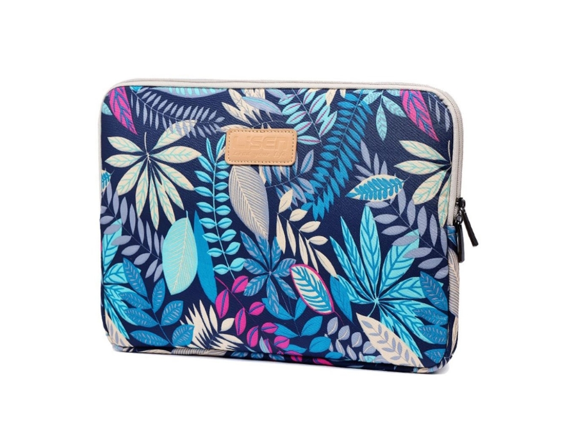 Bolsa Para Laptop Lisen De 14 Polegadas Em Flanela E Lona Com Folhas Fundo Azul Brilvibera