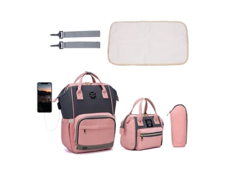 Mochila Para Fraldas Com Muda Fraldas Portátil, Mala De Mão E Bolsa Para Aquecer Biberões Rosa Hexinyigjly (conjunto De 3 Peças)