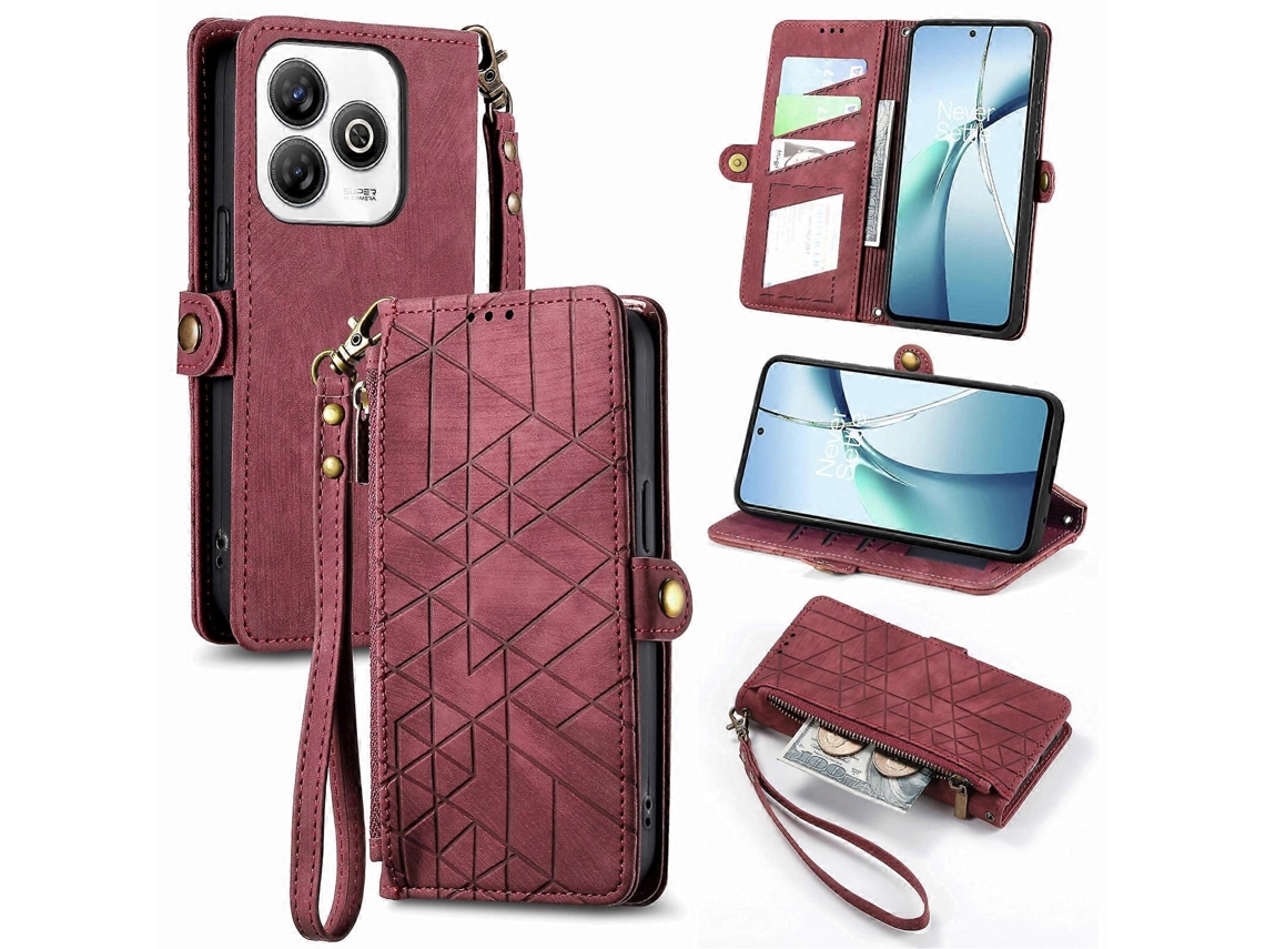 Capa De Celular De Couro Com Zíper Geométrico E Fivela Lateral