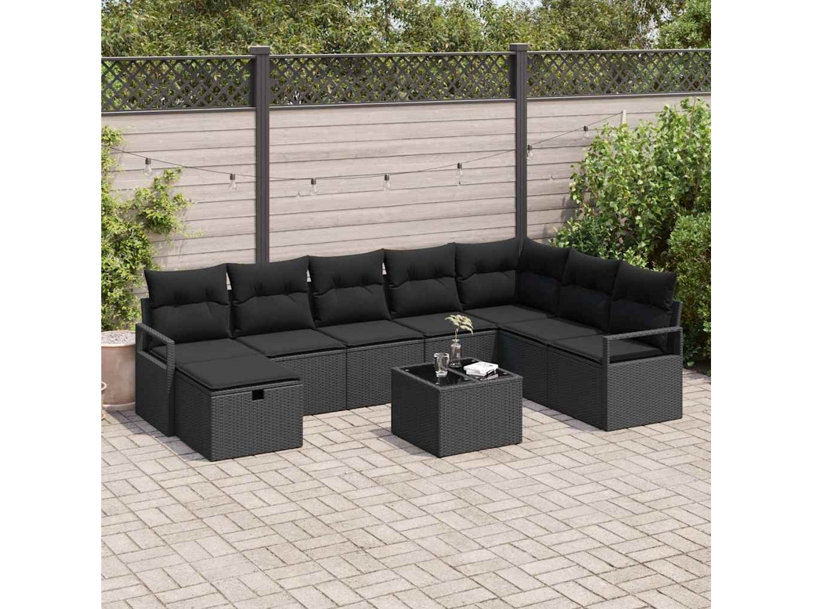 Vidaxl Conjunto De Sofás Com Almofada Manual 9 Pcs Preto Vime Pe