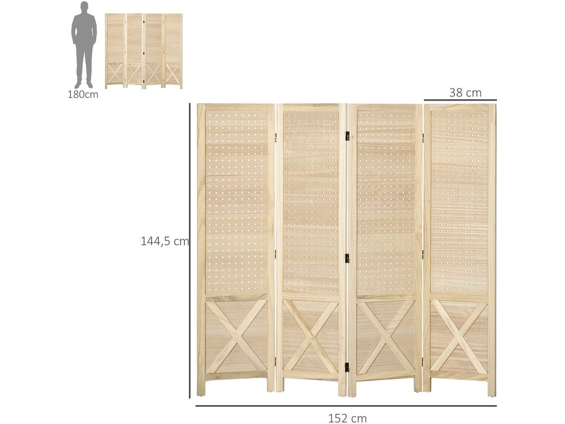 Biombo de 4 Painéis Madeira Paulownia Cor Cor de Madeira Natural 152x1,7x144,5 cm Homcom
