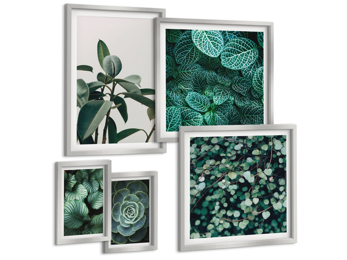 Galeria De Pinturas Murais Plantas Folhosas, Viver, Rir, Amar Moldura Prateada Quadros Para O Escritório Espelharte (conjunto De 5 Imagens)