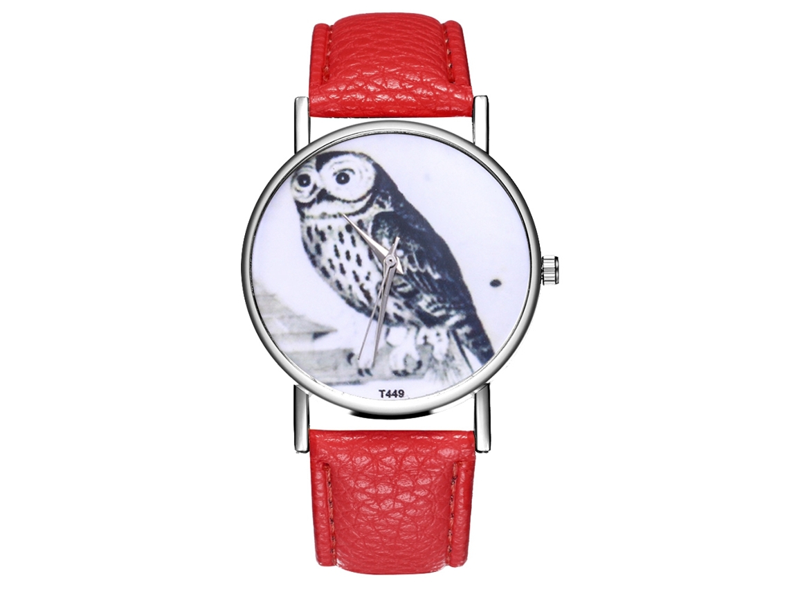 Relógio de pulso de couro elegante para mulheres e homens, com mostrador redondo e mecanismo de quartzo vermelho.