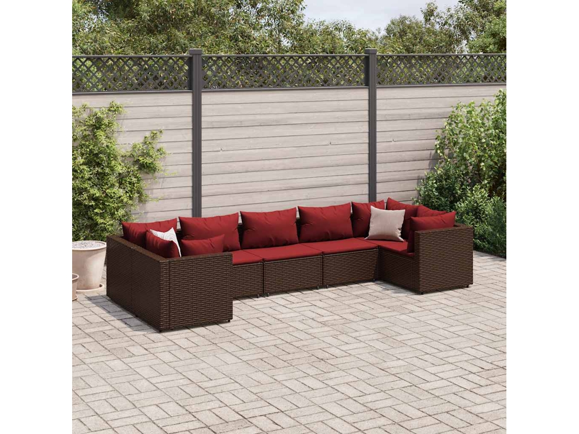 Vidaxl 7 Pcs Conjunto Lounge De Jardim C/ Almofadões Vime Pe Castanho
