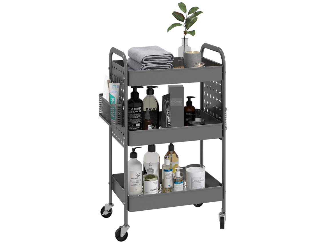 Carrinho De Cozinha Multiuso De 3 Prateleiras E 4 Rodas, 53,5x30,5x75cm, Cinza