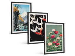 Conjunto De Pinturas Montanhas, Cachoeira, Pássaros, Flores Moldura Preta Pinturas De Quarto Espelharte (3 Piezas De 40x60 Cm)