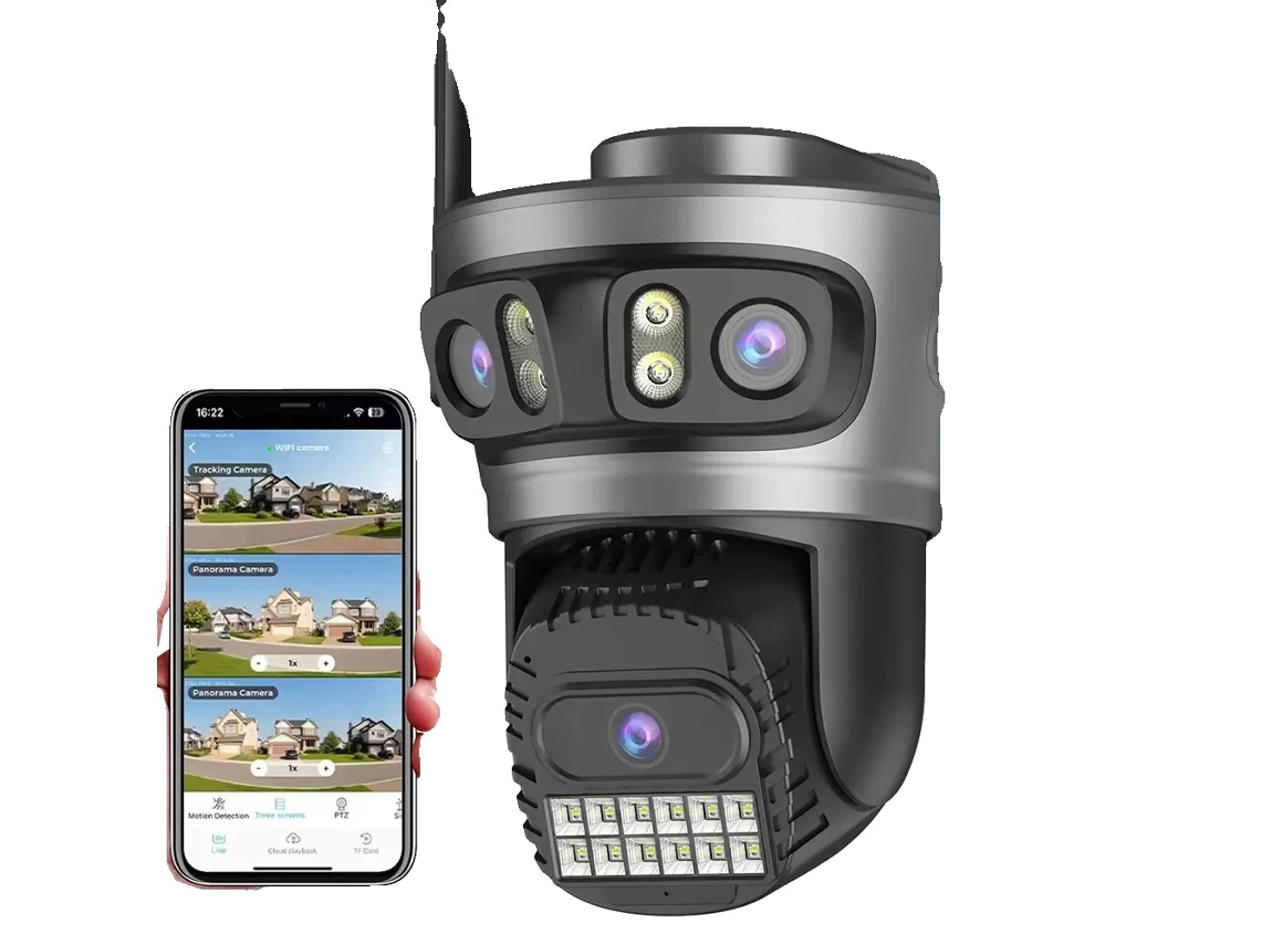 Câmera externa, design de três lentes, detecção humana por IA, 15 MP, sem cartão SD, plugue UE OEM