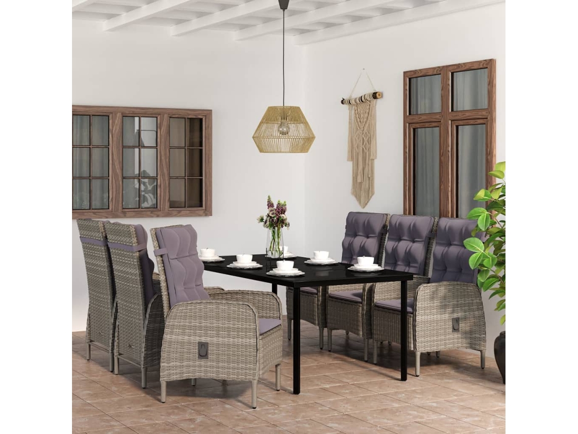 Vidaxl 7 Pcs Conjunto De Jantar P/ Jardim C/ Almofadões Cinza E Preto