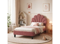 Cama de Solteiro 90x200 Cm, Estrutura Estofada com Estilo Floral, Cabeceira Acolchoada em Forma de Flor e Revestida a Veludo, Vermelho RESETIZE