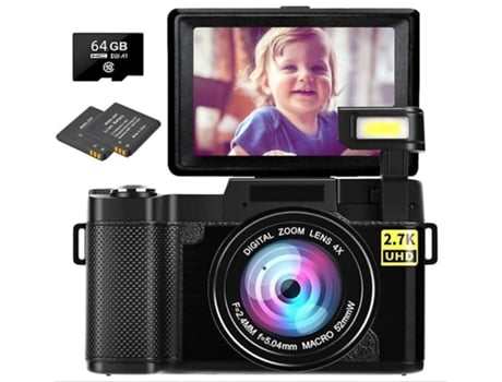 Câmara Digital MOROROR  30.0 Mp 2.7K 64Gb  Hd Full Vlog  de Vídeo com Lente Grande Angular Ecrã Flip de 3 Polegadas