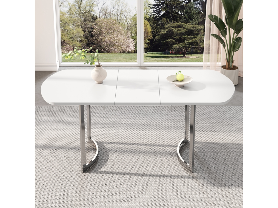 Mesa Extensível 140/180×80cm Pés Metal Prateado Liga Resistente Branco E Prateado 4-6 Pessoas