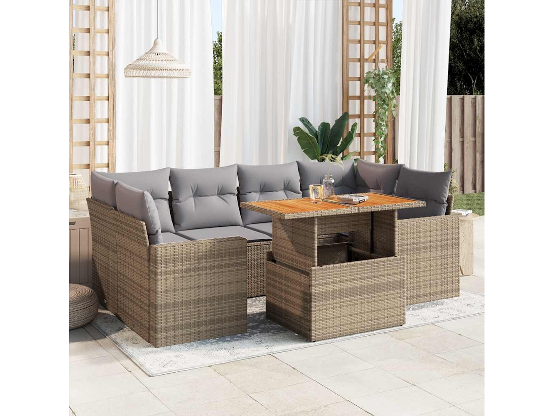 Vidaxl 7 Pcs Conjunto De Sofás P/ Jardim Com Almofadões Vime Pe Bege