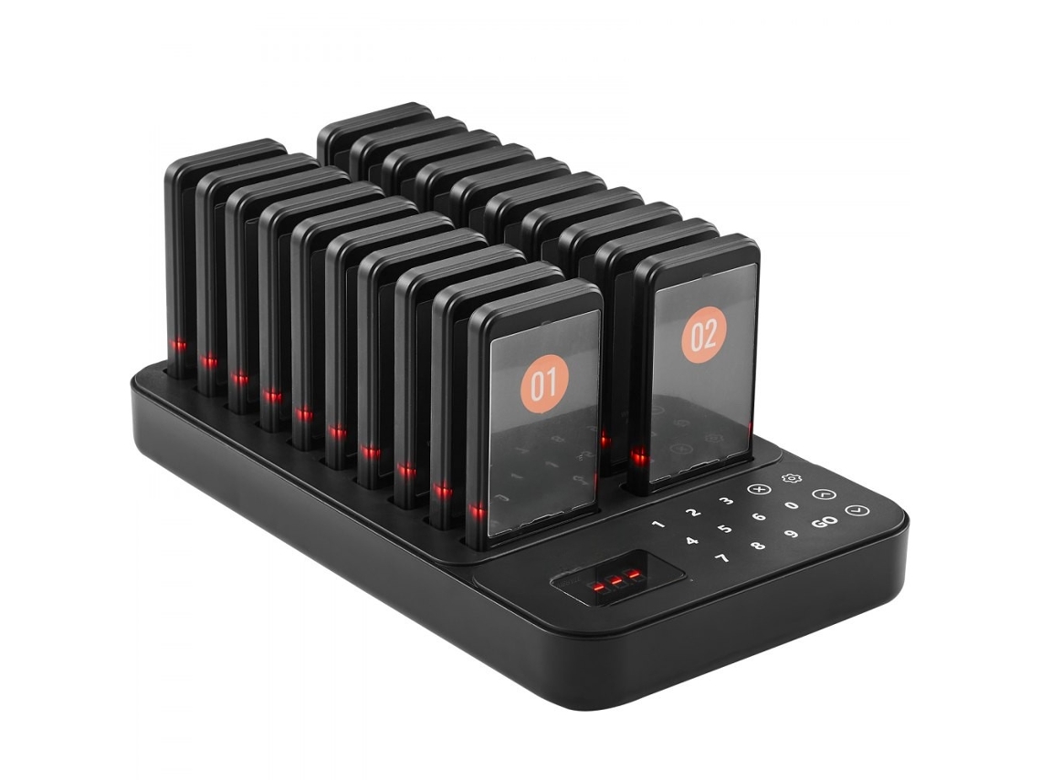 Sistema De Espera Para Restaurante Com Transmissor De Tela Touch (998 Canais) E 20 Pagers Recarregáveis