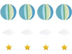 Conjunto 4 Peças Decoração Suspensa Formato Balão Papel Fáceis Pendurar Festas Ambientes Aniversário Azul GOKOCO
