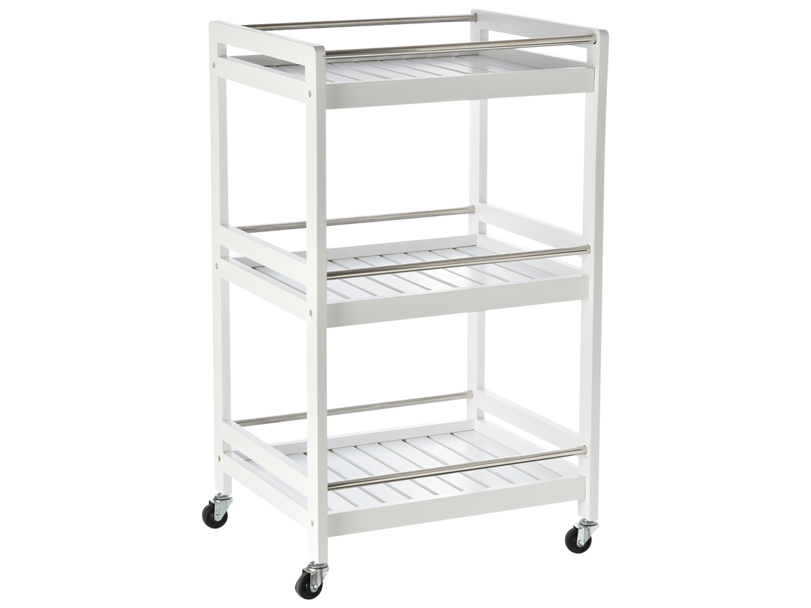 Carrinho de Comida de Madeira com 3 Prateleiras e Rodas. 45x38x78cm. Branco Ge