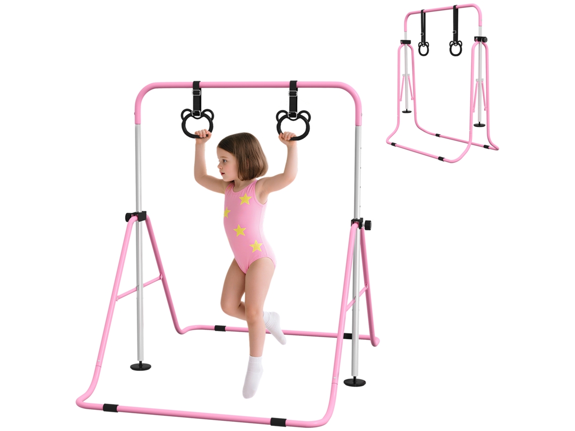 Barras de ginástica infantil com argolas, ajustáveis, dobráveis, antiderrapantes, estrutura de aço, 128 cm, rosa S/MARCA