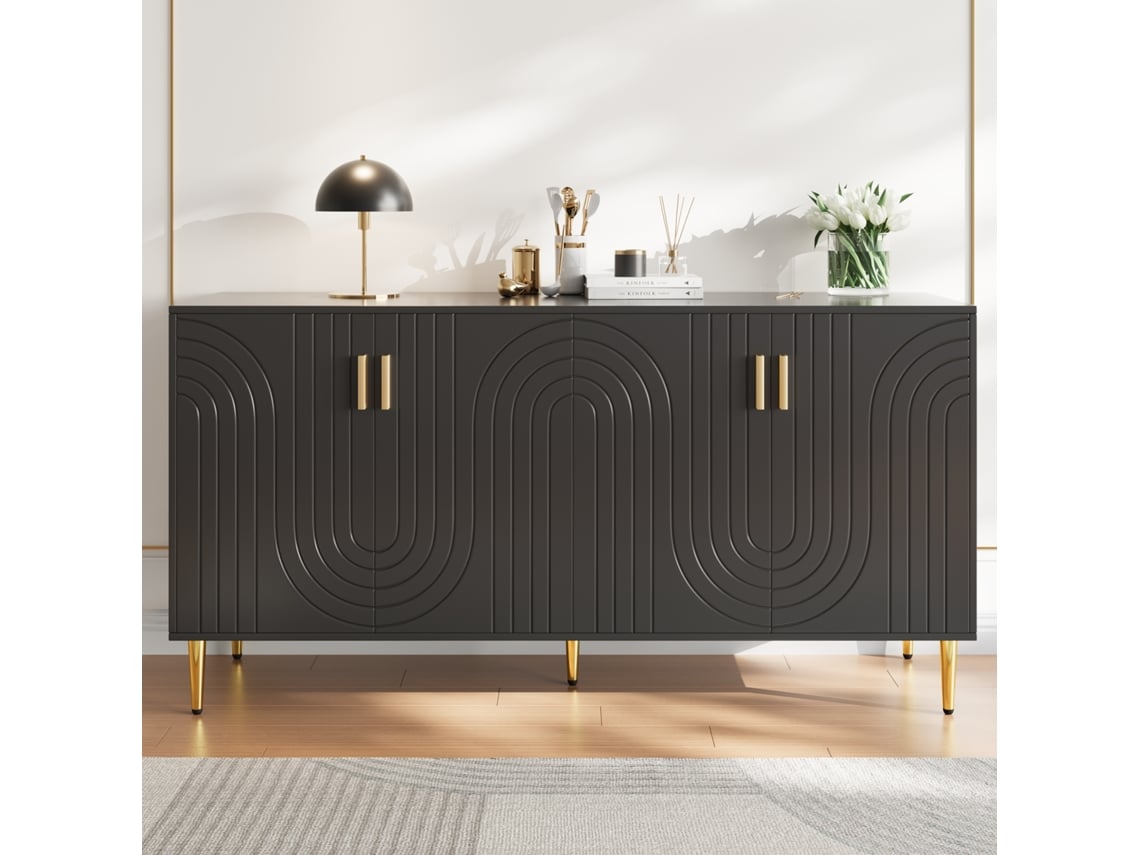 Aparador Preto Com Design Exclusivo De Ondas E Puxadores E Pés Dourados, Criando Uma Elegante Área De Jantar Pangshiyuan (152 X 40 X 75 Cm)