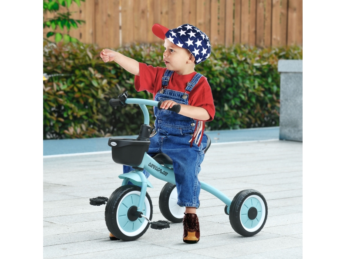 Triciclo Infantil 2-5 Anos, Assento Regulável, Campainha, Cesta, Estrutura Metálica, Azul
