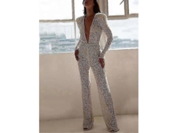 Macacão Feminino Com Decoração De Contas E Strass, Gola Profunda V, Manga Longa, Estilo Elegante E Formal Para Festas E Casamentos