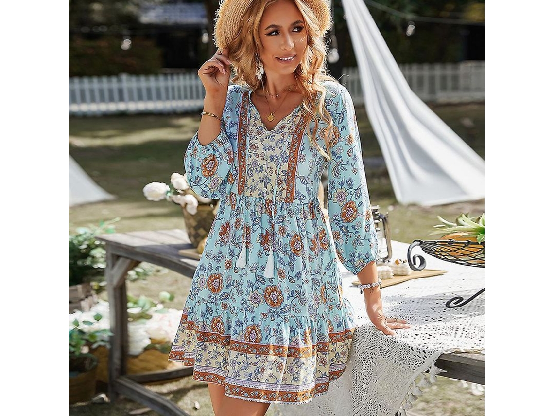 Vestido curto casual independente com estampa floral, modelo 2026, ideal para as férias de primavera/verão de 2022. Roupa feminina.