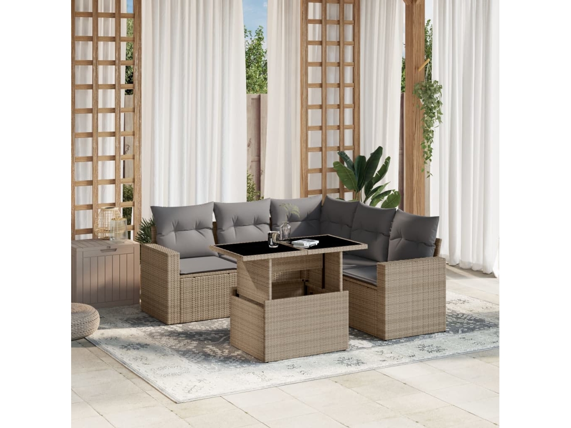 Vidaxl 6 Pcs Conjunto De Sofás P/ Jardim Com Almofadões Vime Pe Bege