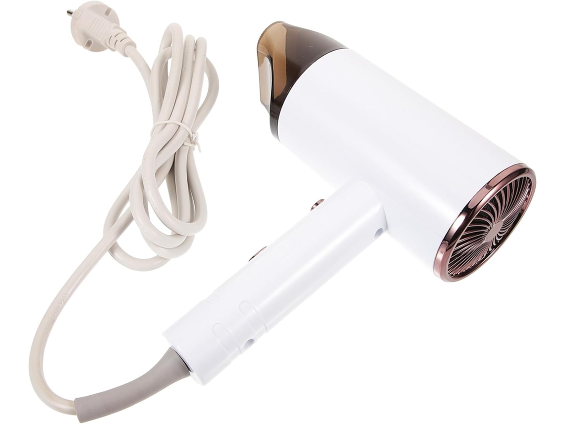 Secador de cabelo elétrico portátil e leve com difusor bucal e suporte.