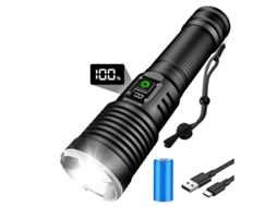 Lanterna Led Ultrabrilhante Recarregável de 15.000 Lúmens com Display Lcd de Bateria Foco Ajustável 5 Modos de Luz Preto HALINUIA