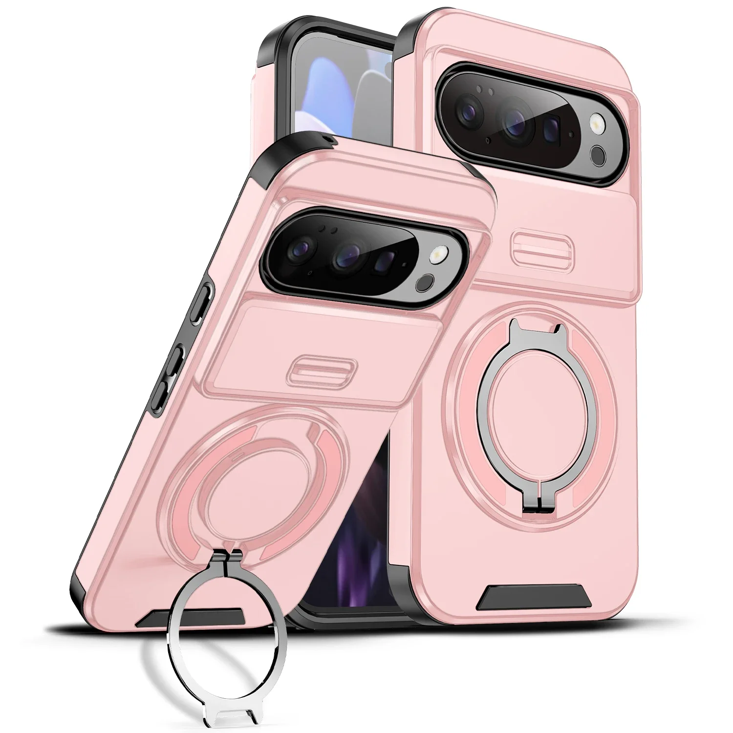 Capa Rígida Para Celular (google Pixel 9 Pro Rosa) Com Suporte De Anel Resistente A Impactos E Abertura Por Pressão.