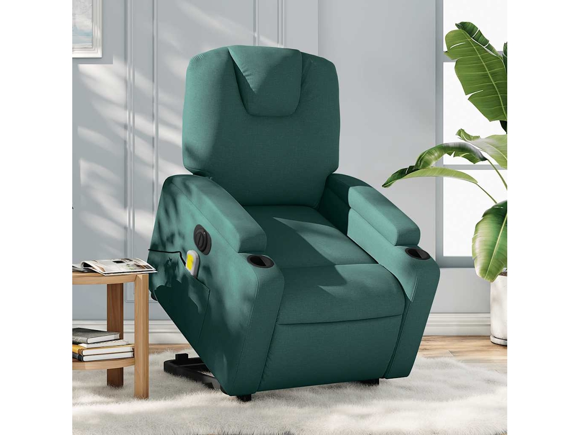 Vidaxl Poltrona Elétrica Elevatória Massagens Tecido Verde-escuro
