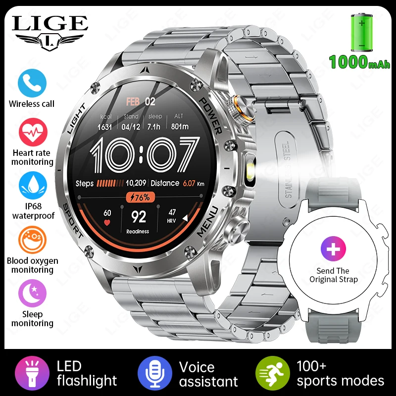 Smartwatch (prata Aço), À Prova D'água, Tela Hd De 1,7 Polegadas, Lanterna Led, Monitoramento De Frequência Cardíaca.