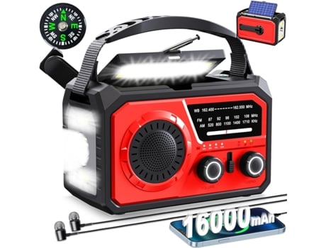 16000mah Manivela De Emergência Solar Am/fm/wb Rádio Meteorológico Lanterna Led Eifson (vermelho)