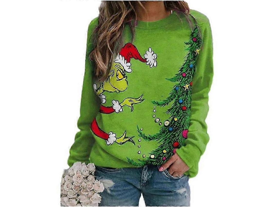 Sudadera De Natal Para Mulher Com Grinch Com Manga Longa, Gola Redonda, Casual E Solta Verde S Verde
