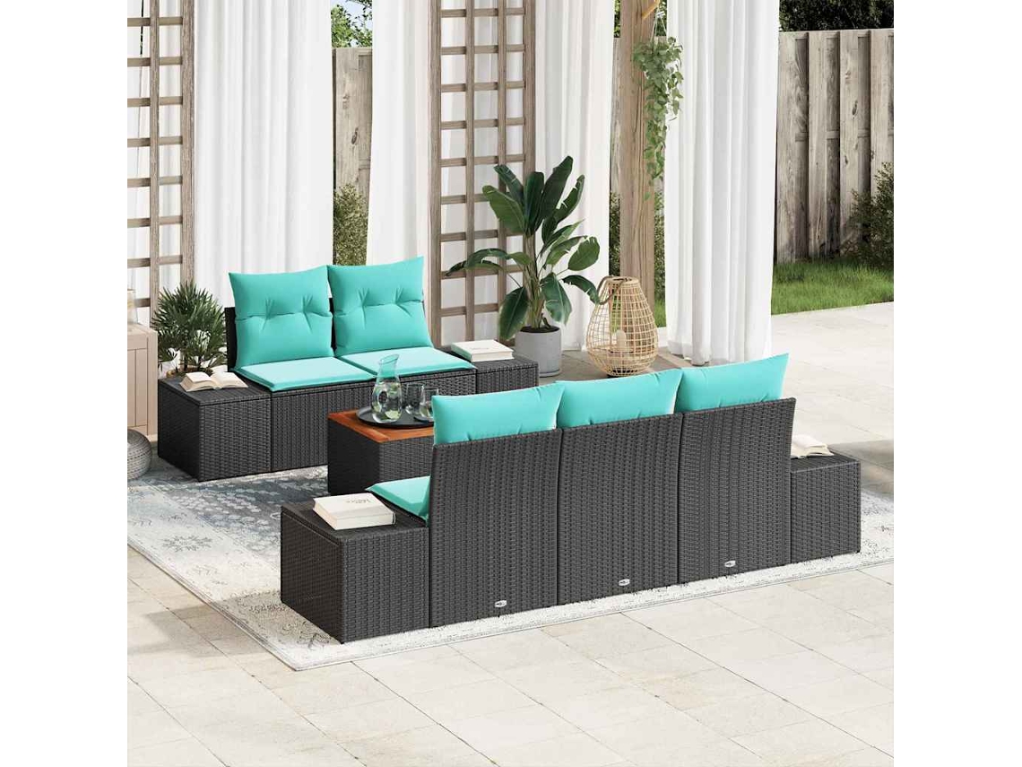 Vidaxl Conjunto De Sofá De Jardim 6 Unid. Preto E Turquesa Vime Pe
