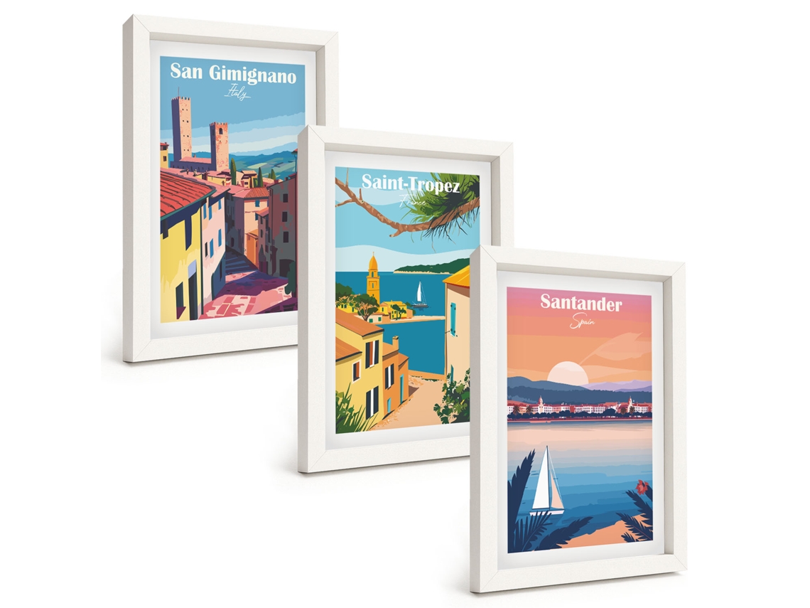 Galeria De Pinturas Na Parede Paisagens Urbanas Italianas Moldura Branca Quadros Para O Escritório Espelharte (3 Peças 20x30 Cm)