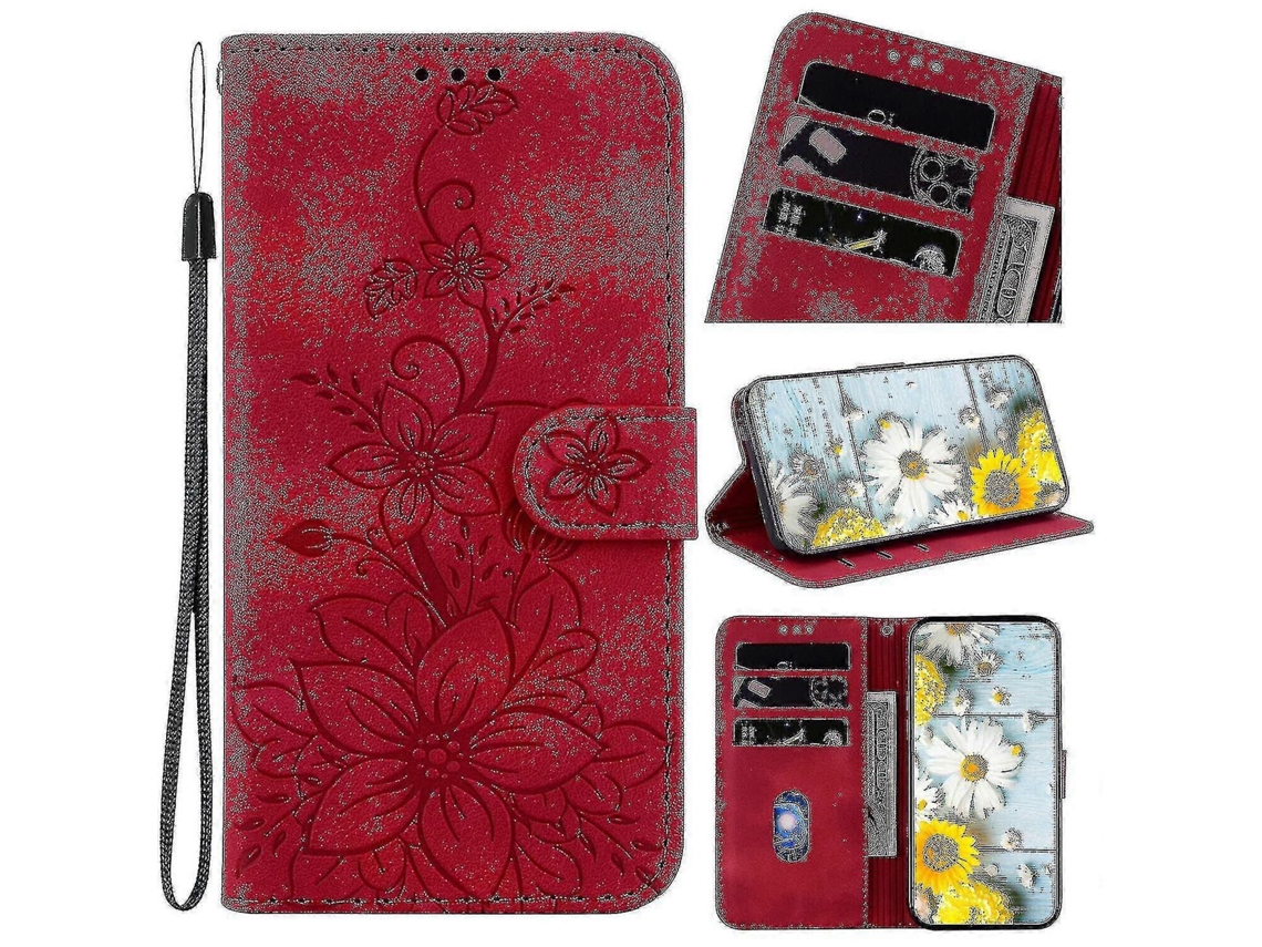 Capa De Couro Pu Premium Oppo Reno 10 5g Com Porta Cartões E Lily Embossada