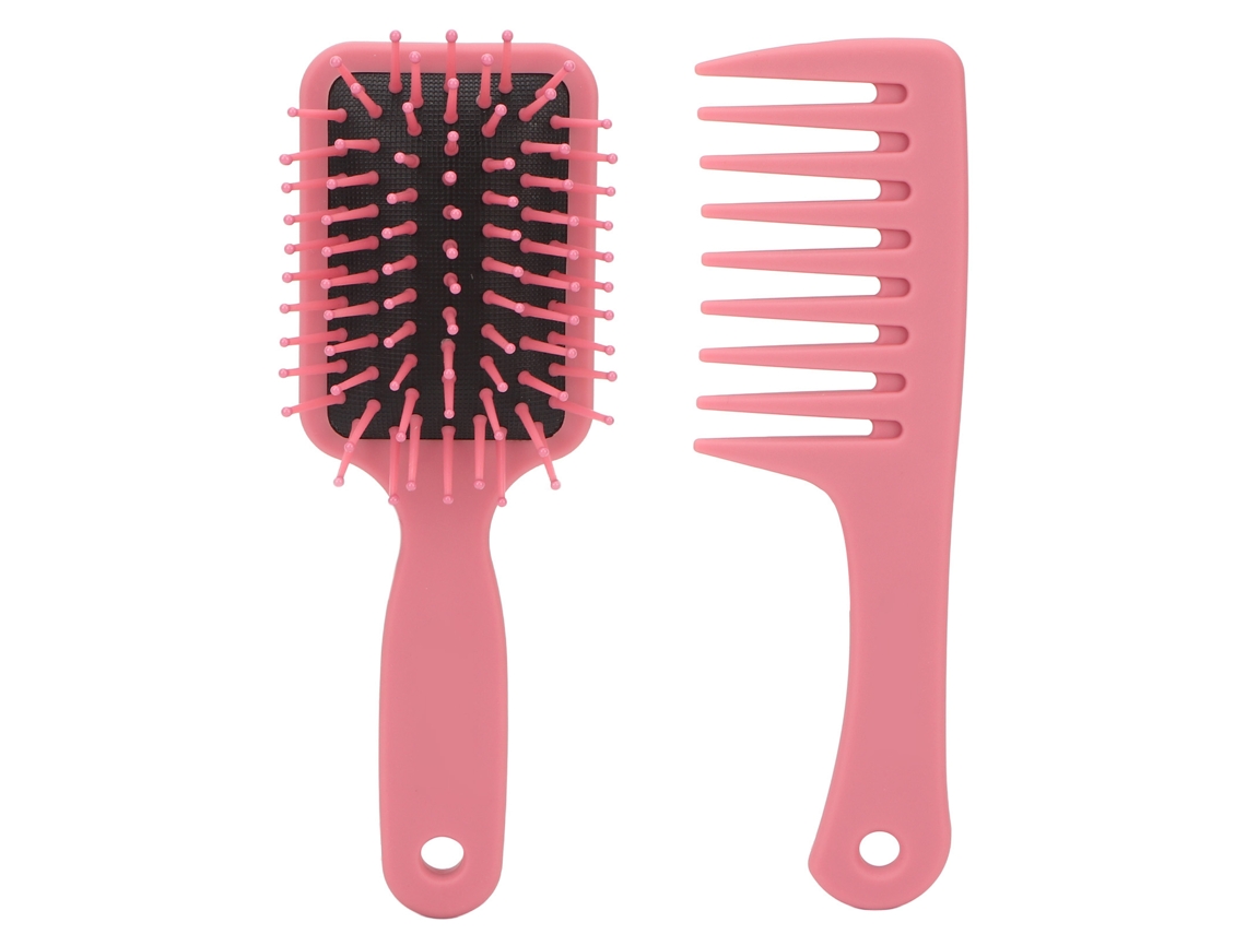 Conjunto de 2 escovas de cabelo 2026, modelo raquete com dentes largos e função de massagem no couro cabeludo, portátil, para uso em cabelos secos e molhados, cor rosa.