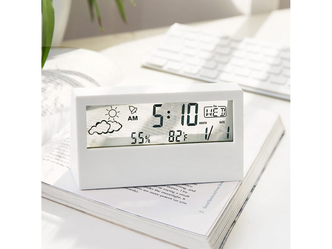 Relógio Despertador Lcd Com Termômetro E Higrômetro Branco Transparente