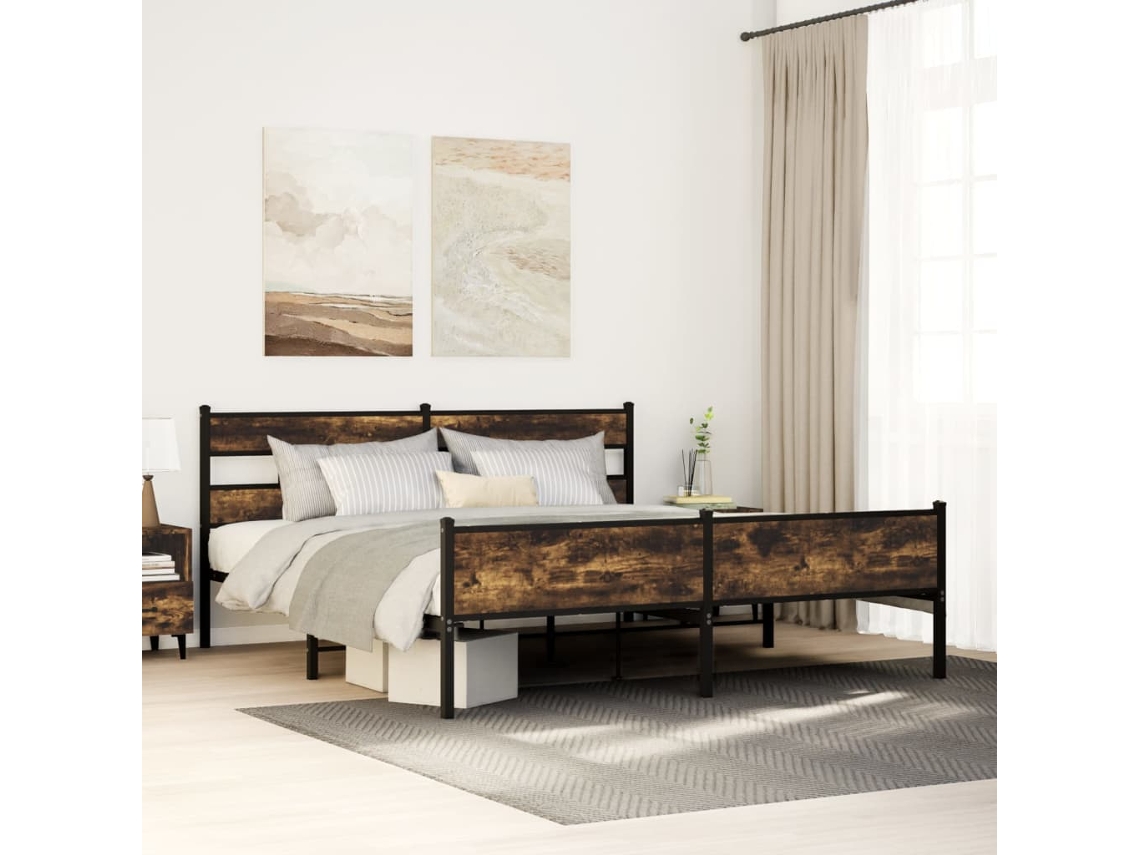 Vidaxl Estrutura De Cama Sem Colchão 200x200cm Metal Carvalho Fumado