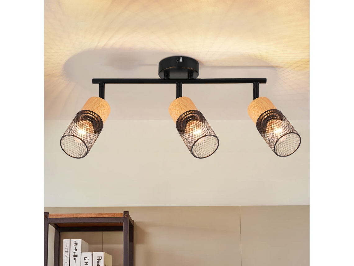 Nettlife Candeeiro De Teto Com Focos Madeira E14 Ajustável 350° Vintage Industrial Sem Lâmpada Para Cozinha, 25 W, Em Metal E Madeira
