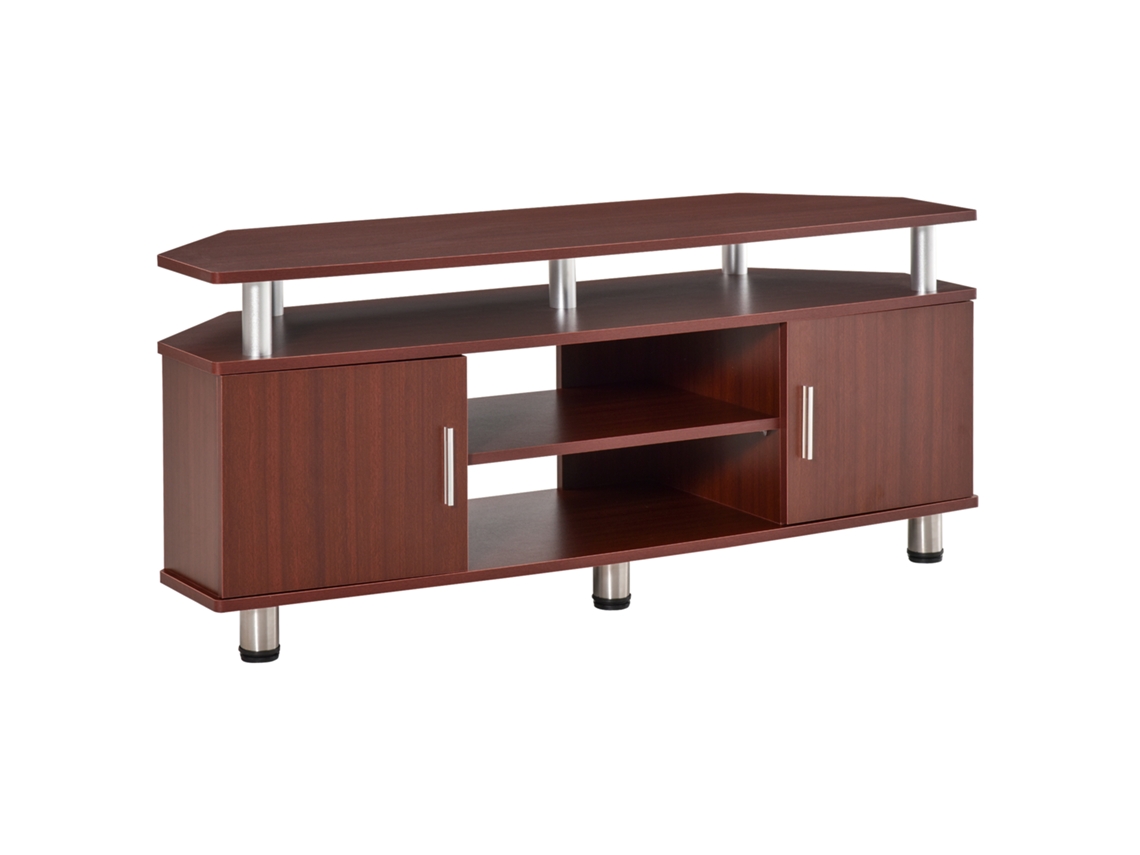 Móvel De Tv Clássico De Sala Com Duas Prateleiras E Dois Armários Em Mdf E Aço Inoxidável, Castanho, 120x39,5x52 Cm.